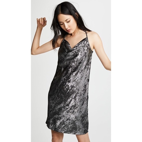 HALSTON Cowl Neck Metallic Slip Mini Dress in Gunmetal - Picture 1 of 16